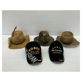 Five Hats Including Straw, Camouflage and Korean Veteran Caps