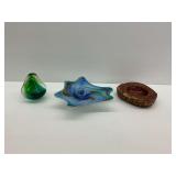 Handblown Venetian Glass Blue Bowl, Alabaster Stone Ashtray, and Art Glass Green Bud Vase