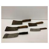 Five Metal Meat Cleavers with Wooden Handles