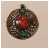 Floral Tibetan Silver and Coral Pendant with Turquoise Accents