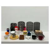 Kitchenware Group with Muffin Pans, Measuring Cups, Wooden Boards and More