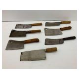 Seven Metal Meat Cleavers with Wooden Handles