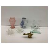 Decorative Items Including Candlesticks, Lamp, and Pitcher