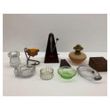 Wooden Box, Oil Lamp and Metronome