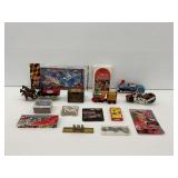 Assortment of Collectibles Including Busch Gardens Spoon, Race Day Items, Card Games, and More