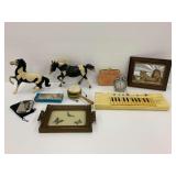Various Items Including Grand Prix Keyboard, Lion Picture, and Toy Horses