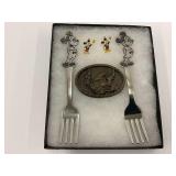 Mickey Mouse Themed Forks and Belt Buckle in Case
