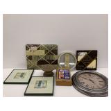 Home Decor Items Including Wall Art, Clocks, Mirror Tiles, Memo Board, Wind Chime, and Decorative Pedestal
