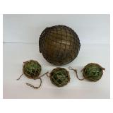 Four Glass Fishing Floats with Netting