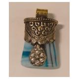 Ornamental Necklace Pendant with Gray and Teal Glass Inlay