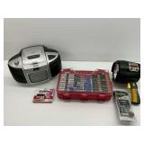 Jeep Radio with Television, Battery Buddy Container with Batteries, and Flashlight