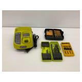 Ryobi One Plus Charger and Drill Bit and Screwdriver Bit Group