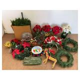Christmas Decorations Group Including Artificial Greenery, Poinsettias, and Lights