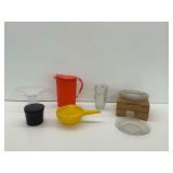 Kitchenware with Glass Dishes, Orange Plastic Pitcher, and More