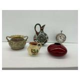 Five Decorative Items Including Pitchers and McLaughin and Scott Clock