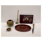 Vintage Items Including Asian Trays, Spherical Vase, Skirt Marker and Mr. Cheftender Ranger Knife