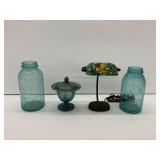 Mason Jars, Carnival Glass, and Stained Glass Lamp Assortment