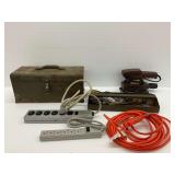 Metal Tool Box with Wooden Sander, Hand Tools, and Power Strips