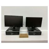 Two HP Compaq Pro 6300 SFF Computers with HP W2072a Monitors and Two AST Computer Mice