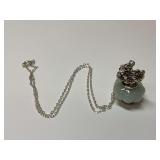 Sterling Silver, Green Jade, and Pink Tourmaline 1.25 in. Flower Vase Pendant on 16 in. Necklace