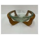 MCM Style Textured Glass Bowl with Wooden Stand