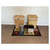 Two Basket Hampers, Rug, Trash Can, and Wastebasket