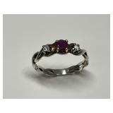 Sterling Silver Ruby and CZ Gemstone Ring, Size 7