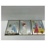Three Framed Mirror Style Paintings with Posed Female Figures