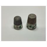 Two Early 1900s Sterling Silver Thimbles with Multi Color Enamel Floral Designs