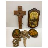 Five Christian Items Including Wooden Cross, Ten Commandments Plaque, and Prints on Wooden Slices