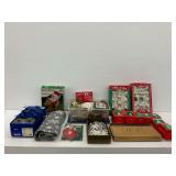 Christmas Decor Group with Light Sets, Ornaments, Pampered Chef Tray, and Related Items