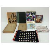 Assorted Books, Stamp Sheet and United States 48 Star Flag