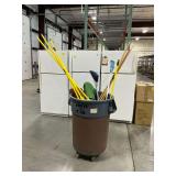 Assorted Brooms & Sweepers & Brute Rolling Garbage Bin