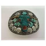 Southwestern Style Bull Head Belt Buckle with Turquoise and Coral