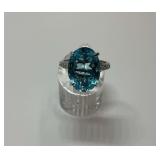 Sterling Silver Large 12 Carat Blue Topaz Gemstone Ring with CZ Accents...Size 10