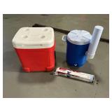 Igloo Cooler and Rubbermaid Blue Water Dispenser with Cone Paper Cups