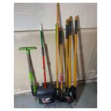 Assorted Yard and Lawn Tools Including Libman Dustpan, Ames Rake, and Husky Long-Handle Tools
