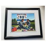 Framed Original 2004 Painting by Paul Walsh Depicting Emergency Medical Personnel and Child ... 16 x 19 inches