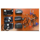 Medical Equipment Assortment Including Stethoscopes, Sphygmomanometers, Shears, and Cases