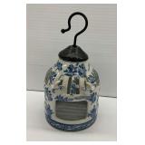 Blue and White Ceramic Hanging Lantern with Metal Hook