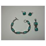 Mexican Sterling Silver Turquoise Bracelet, Earrings and Pendant Set