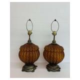 Pair of Vintage Amber Glass Table Lamps with Metal Bases...work