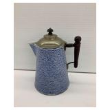 Blue and White Enamelware Coffee Pot with Wooden Handle