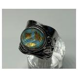 Sterling Silver Ring with Blue Stone and Golden Flake Inclusions...Size 7