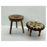 Wooden Stools Including 3-Legged Stool and Rug Hooked Stool