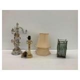 Weller Pottery Lamp, Figural Candelabra, Fabric Lamp Shades, and Decortive Candle Holder