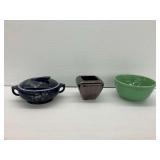 1930s-1950s Hall Deep Cobalt Blue Covered Casserole, Haeger Pottery Vase, and 1940s Green Ceramic Mixing Bowl