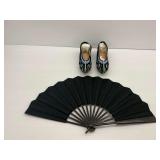 Traditional Chinese Embroidered Shoes and Black Folding Fan