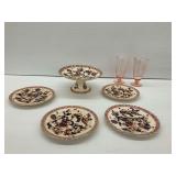 Early 20th Century S. Fielding & Co. England Imari Style Earthenware Dishes and Pair of Pink Depression Glass Vessels