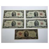 (5) United States Two Dollar Banknotes